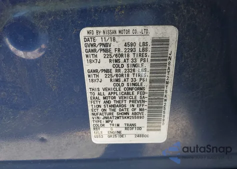 2019 Nissan Rogue Sv from USA, damaged, VIN JN8AT2MT5KW255890